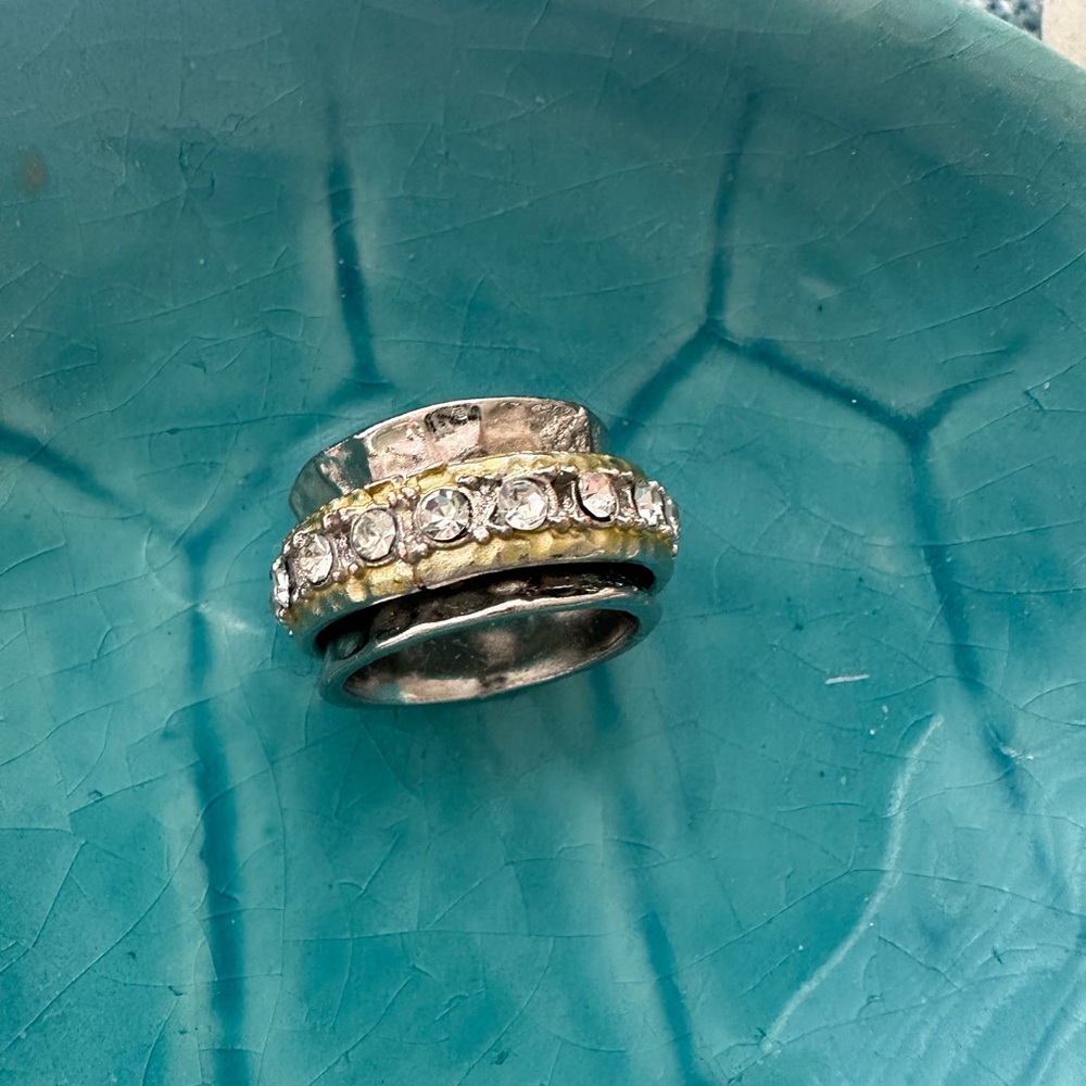 Elegant Silver and Gold-Tone Ring with Crystal Accents